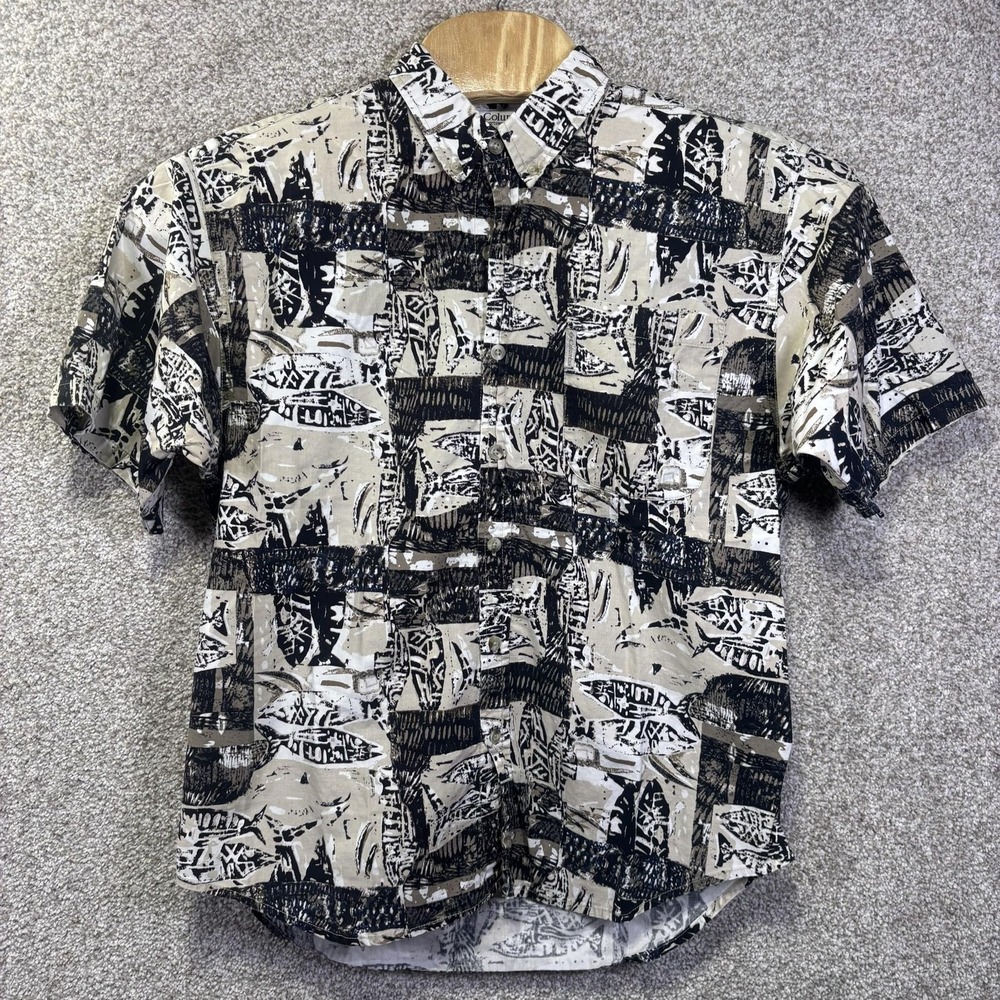Columbia Mens M Fish Block Print Short Sleeve Button Down Shirt Tan Black Cotton